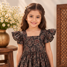 Pure Cotton Girls Tiered Frock Dress in Kalamkari Block Prints (3-4 Years) 06