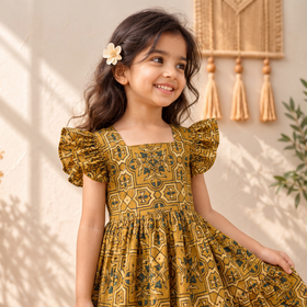 Pure Cotton Girls Tiered Frock Dress in Ajrakh Block Print (3-4 Years) 32