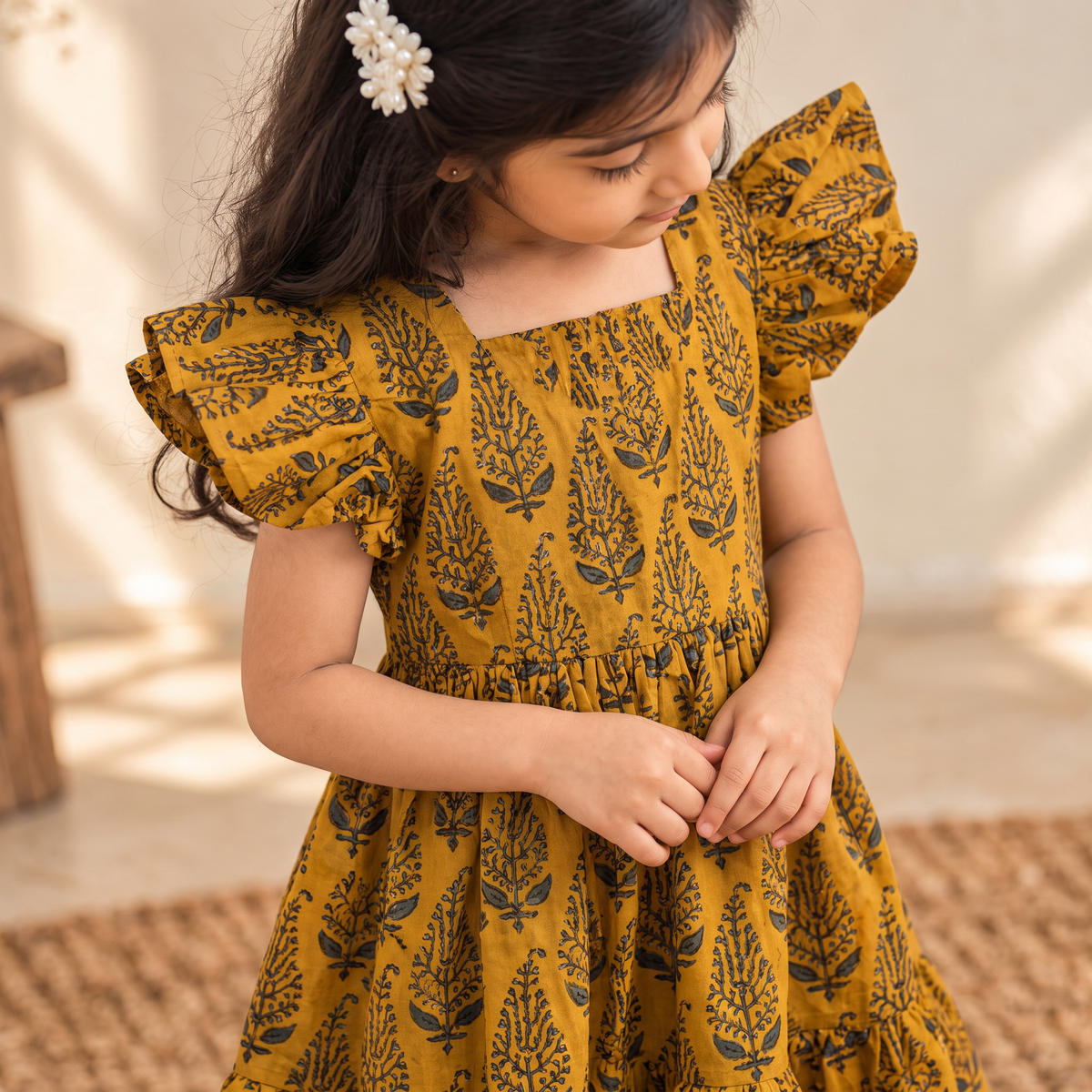 Pure Cotton Girls Tiered Frock Dress in Ajrakh Block Print (3-4 Years) 48