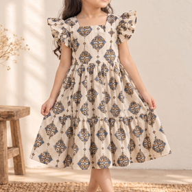 Pure Cotton Girls Tiered Frock Dress in Ajrakh Block Print (3-4 Years) 45