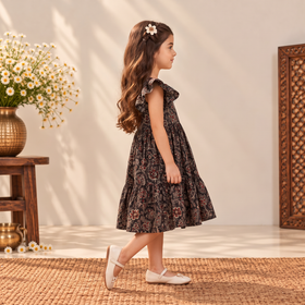 Pure Cotton Girls Tiered Frock Dress in Kalamkari Block Prints (3-4 Years) 06