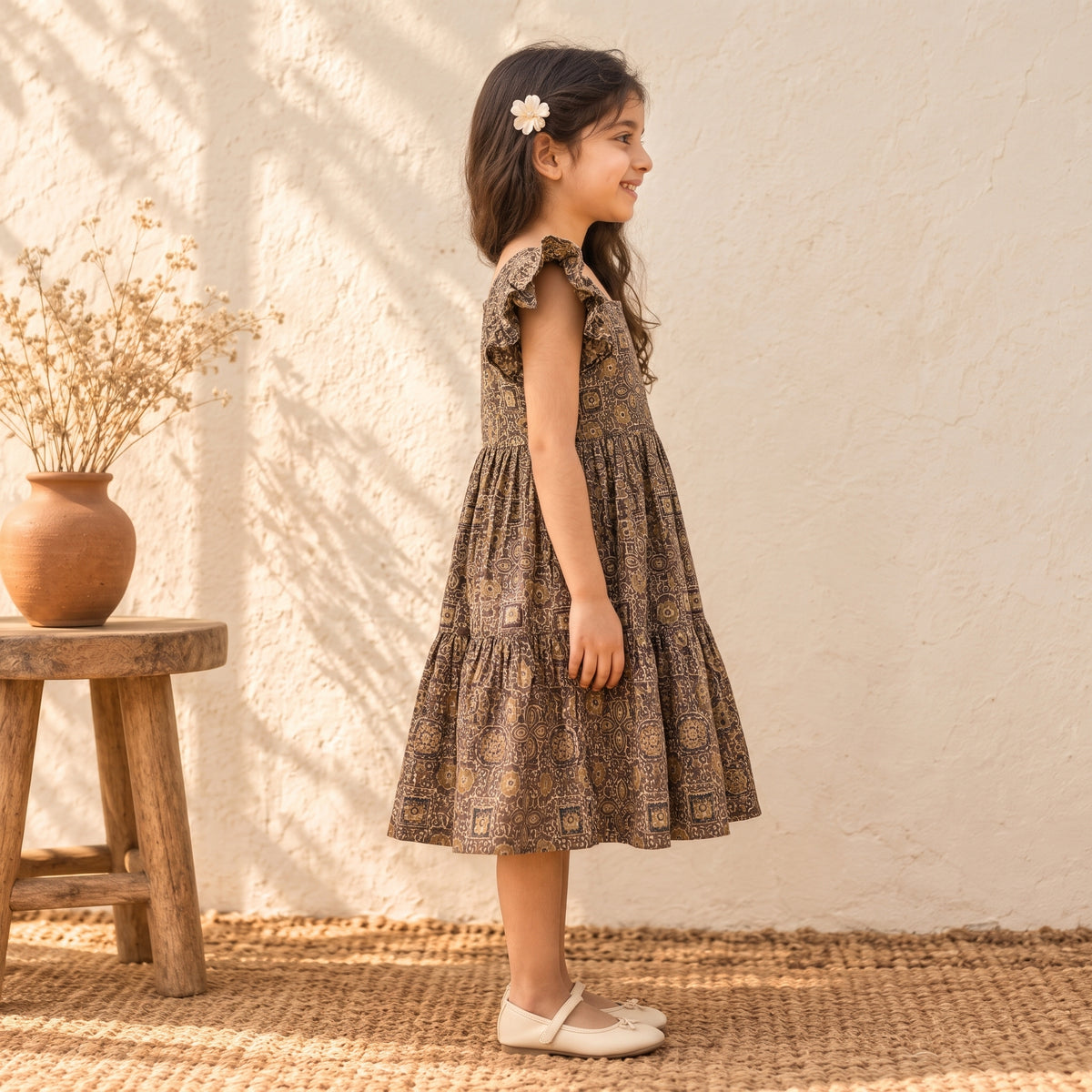 Pure Cotton Girls Tiered Frock Dress in Ajrakh Block Print (3-4 Years) 46