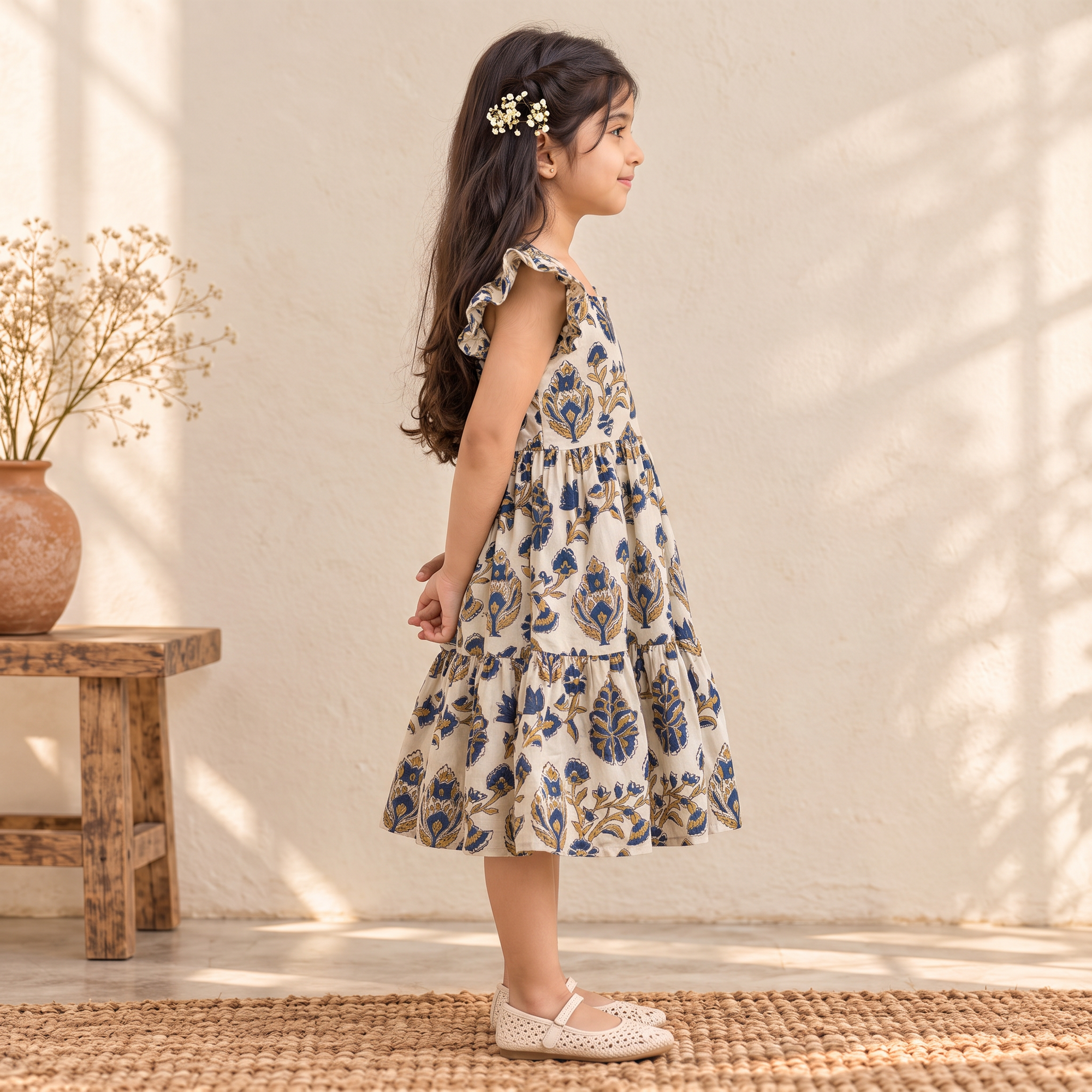 Pure Cotton Girls Tiered Frock Dress in Ajrakh Block Print (3-4 Years) 43
