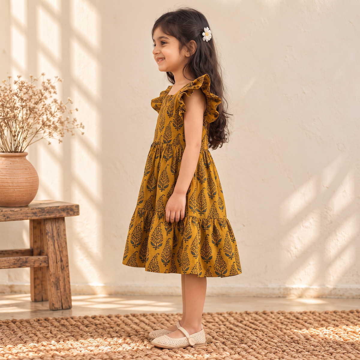 Pure Cotton Girls Tiered Frock Dress in Ajrakh Block Print (3-4 Years) 48