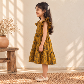 Pure Cotton Girls Tiered Frock Dress in Ajrakh Block Print (3-4 Years) 48