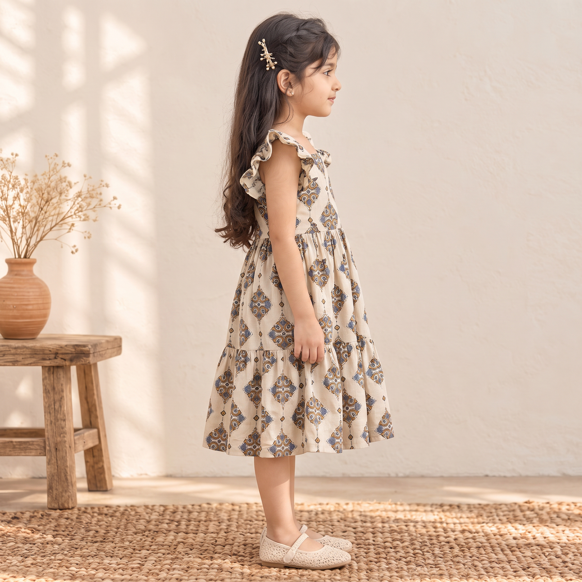 Pure Cotton Girls Tiered Frock Dress in Ajrakh Block Print (3-4 Years) 45