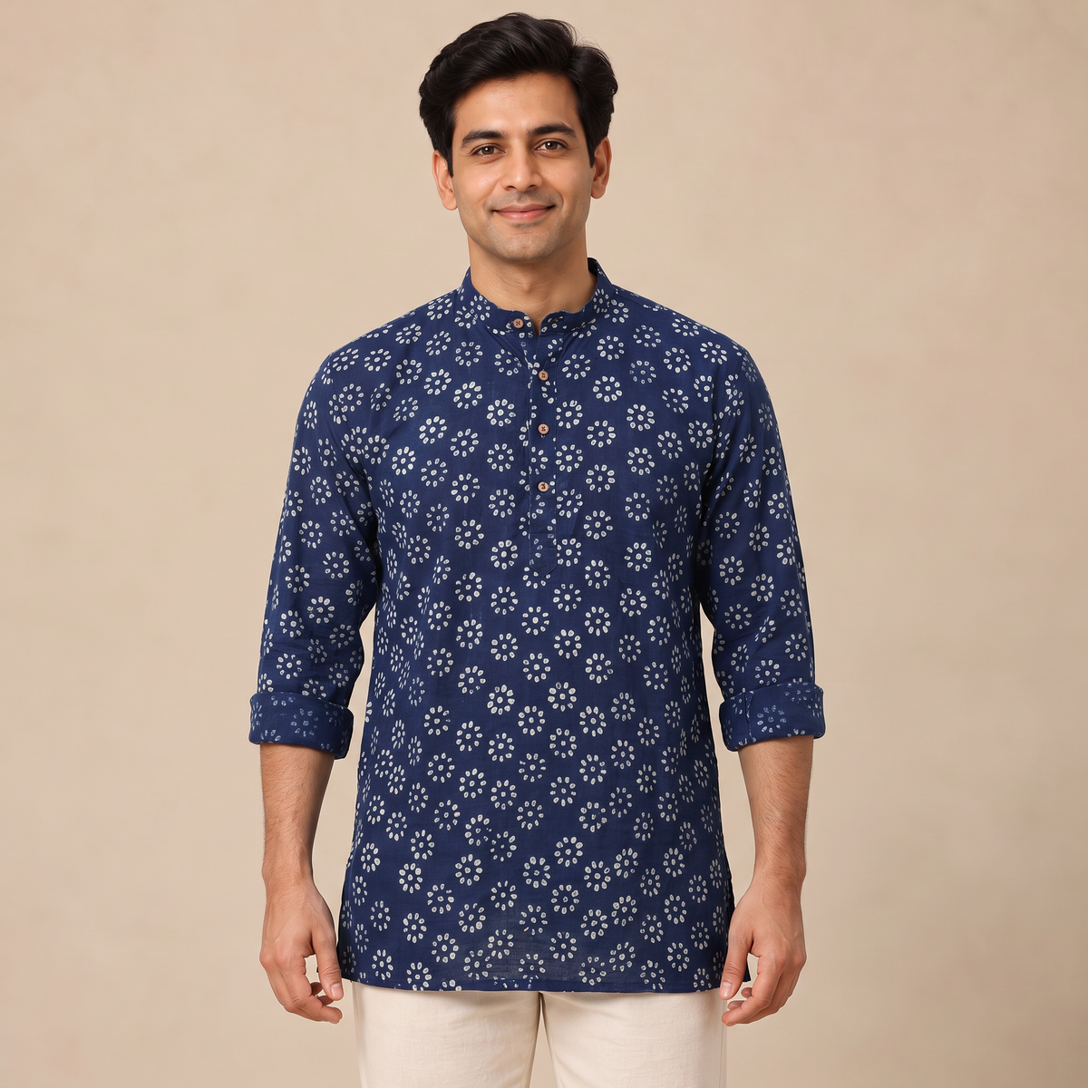 Indigo Bagru Block Print Natural Dyed Cotton Short Men Kurta 06