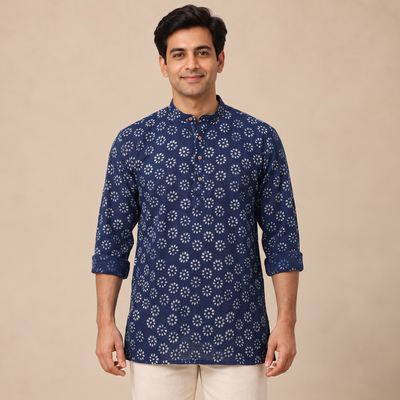 Indigo Bagru Block Print Natural Dyed Cotton Short Men Kurta 06
