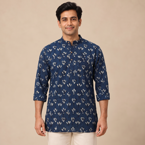 Indigo Bagru Block Print Natural Dyed Cotton Short Men Kurta 08