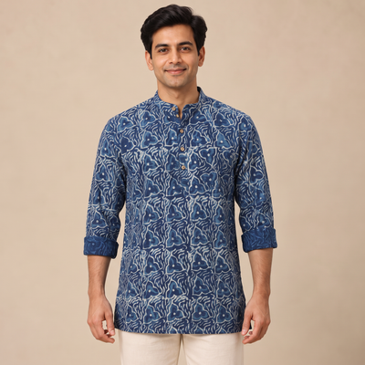 Indigo Bagru Block Print Natural Dyed Cotton Short Men Kurta 10