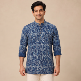 Indigo Bagru Block Print Natural Dyed Cotton Short Men Kurta 10