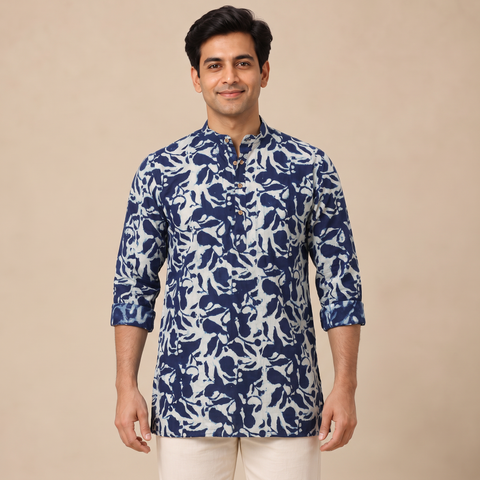 Indigo Bagru Block Print Natural Dyed Cotton Short Men Kurta 09