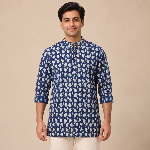 Indigo Bagru Block Print Natural Dyed Cotton Short Men Kurta 04