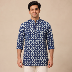 Indigo Bagru Block Print Natural Dyed Cotton Short Men Kurta 04