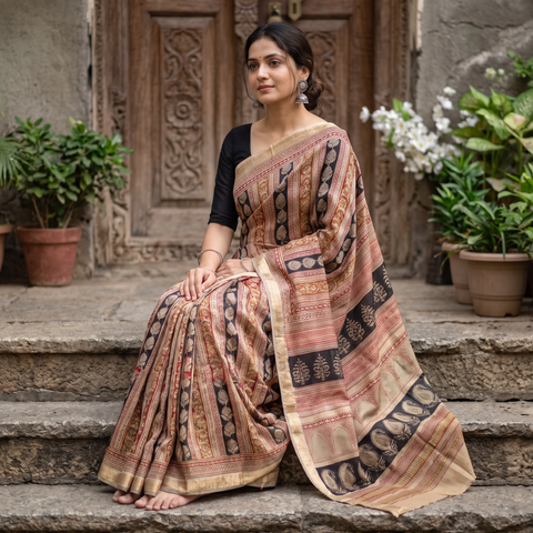 Beige Maheshwari Silk Bagh Hand Block Print Saree with Zari Border, draped and worn by a woman, AI visual of the saree, iTokri