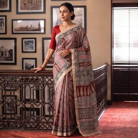 Multicolor Maheshwari Silk Bagh Hand Block Print Saree with Zari Border, draped and worn by a woman, AI visual of the saree, iTokri