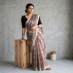 Beige Maheshwari Silk Bagh Print Saree, draped and worn by a woman, AI visual of the saree, iTokri