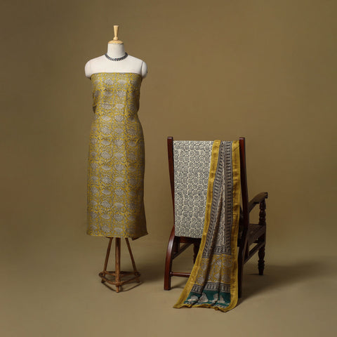 Maheshwari silk bagru hand 3pc unstitched dress material 06