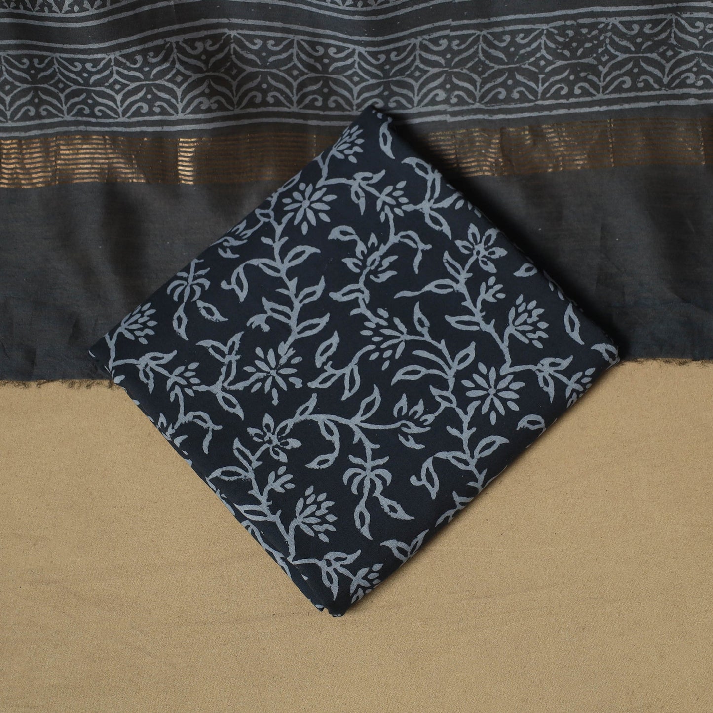 Maheshwari silk bagru hand 3pc unstitched dress material 19