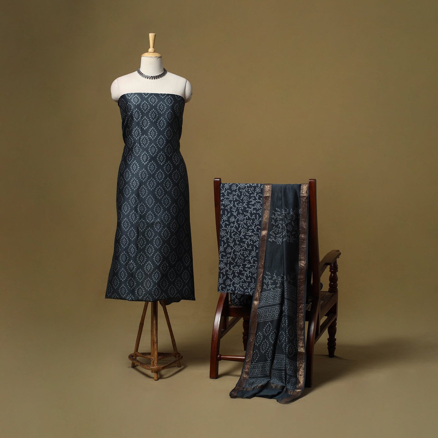 Maheshwari silk bagru hand 3pc unstitched dress material 19