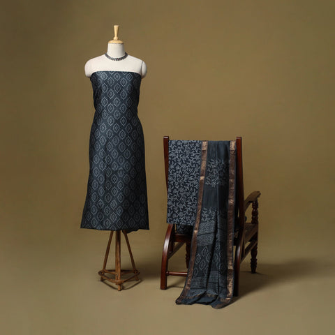 Maheshwari silk bagru hand 3pc unstitched dress material 19