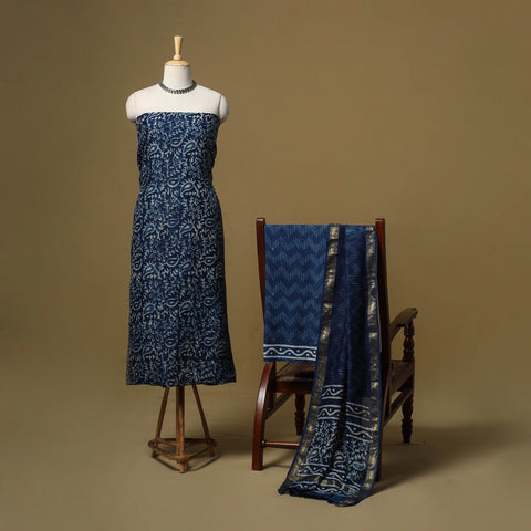 Maheshwari silk indigo bagru hand 3pc unstitched dress