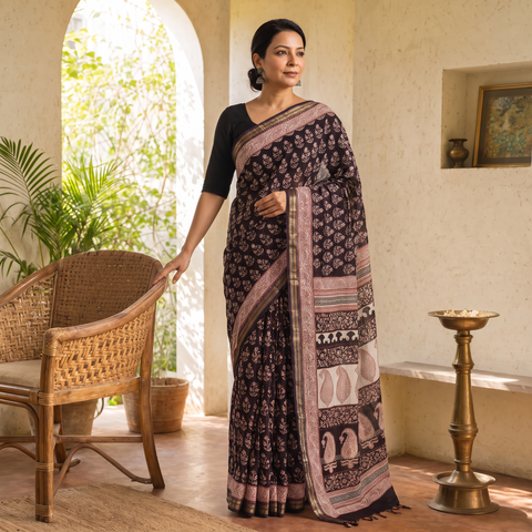 Black Maheshwari Silk Natural Dyed Bagh Hand Block Print Saree with Zari Border, draped and worn by a woman, AI visual of the saree, iTokri
