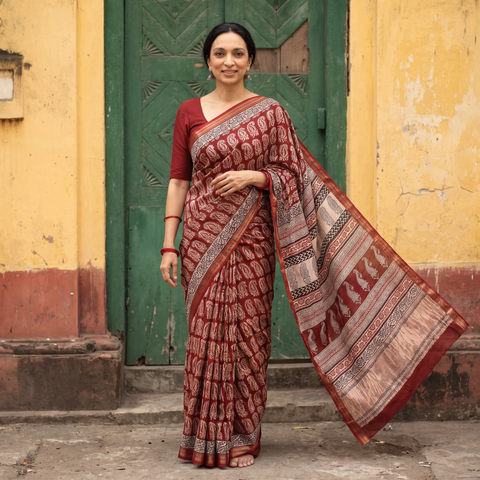 Red Maheshwari Silk Natural Dyed Bagh Hand Block Print Saree with Zari Border, draped and worn by a woman, AI visual of the saree, iTokri
