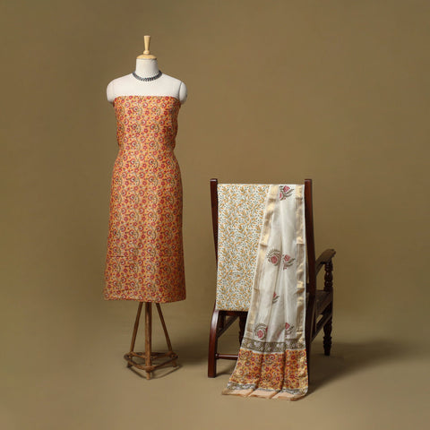 Maheshwari silk sanganeri hand 3pc unstitched dress