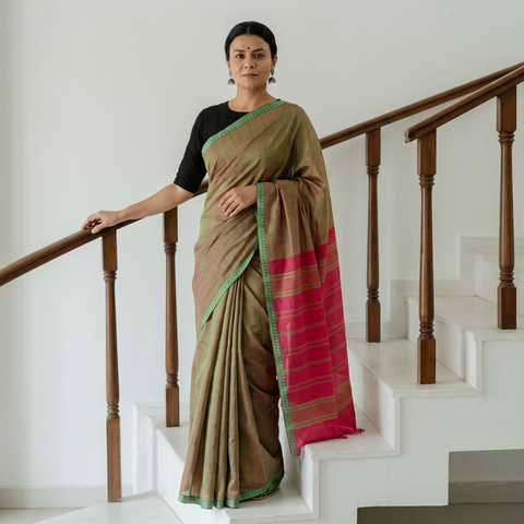Brown Mangalagiri Godavari Handloom Rudraksha Border Cotton Saree, draped and worn by a woman, AI visual of the saree, iTokri
