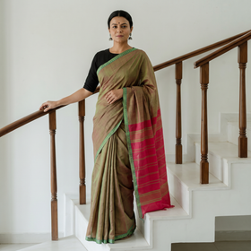 Brown Mangalagiri Godavari Handloom Rudraksha Border Cotton Saree, draped and worn by a woman, AI visual of the saree, iTokri