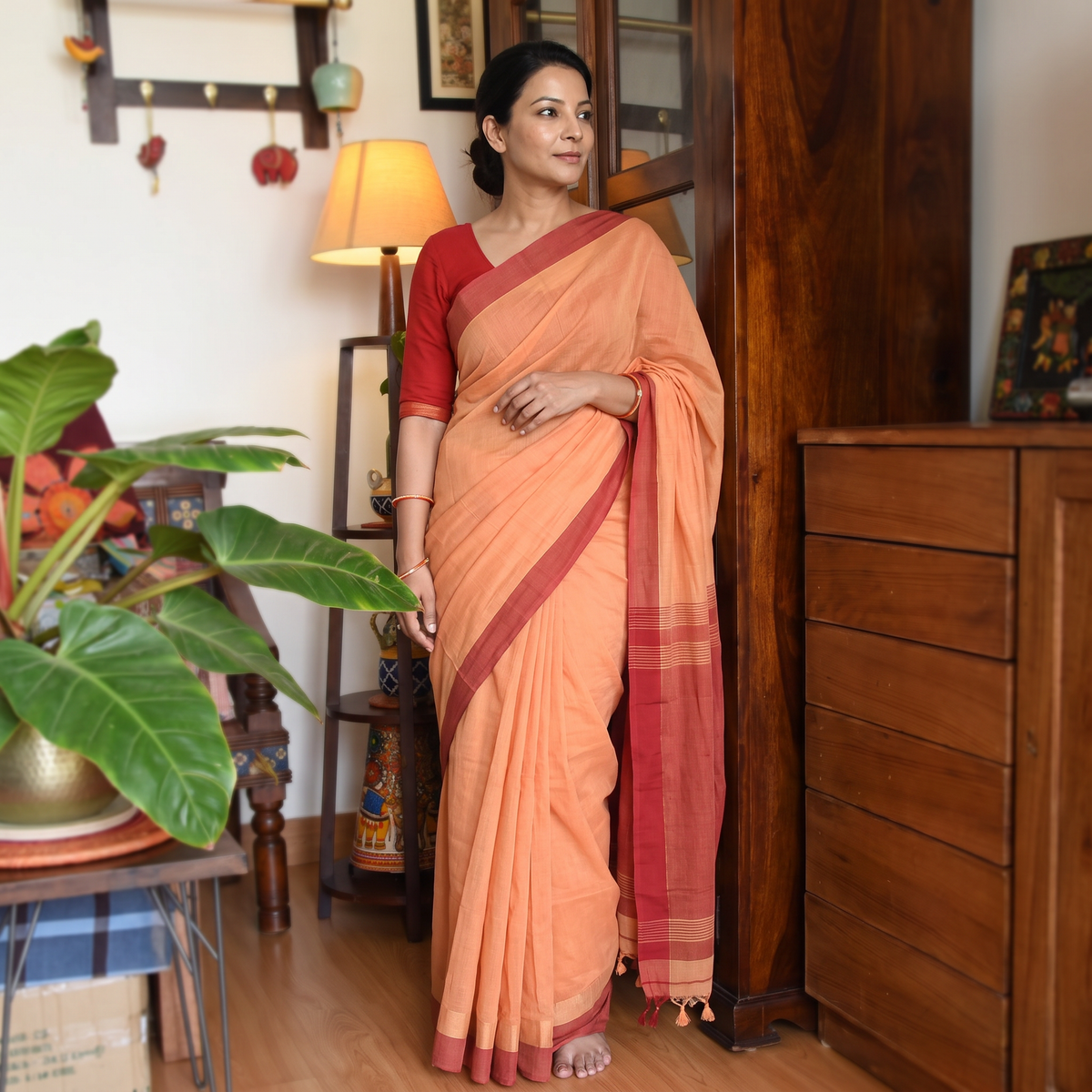 Orange Mangalagiri Godavari Handloom Sada Missing Cotton Saree, draped and worn by a woman, AI visual of the saree, iTokri