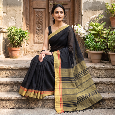 Black Mangalagiri Godavari Handloom Tarangini Cotton Saree, draped and worn by a woman, AI visual of the saree, iTokri
