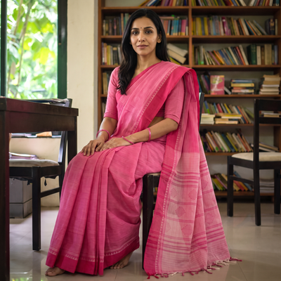 Pink Mangalagiri Godavari Handloom Tarangini Cotton Saree, draped and worn by a woman, AI visual of the saree, iTokri