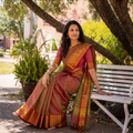 Brown Mangalagiri Handloom Silk Cotton Saree with Zari Border, draped and worn by a woman, AI visual of the saree, iTokri