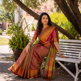 Brown Mangalagiri Handloom Silk Cotton Saree with Zari Border, draped and worn by a woman, AI visual of the saree, iTokri
