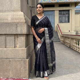 Black Mangalagiri Handloom Silk Cotton Saree with Zari Border, draped and worn by a woman, AI visual of the saree, iTokri