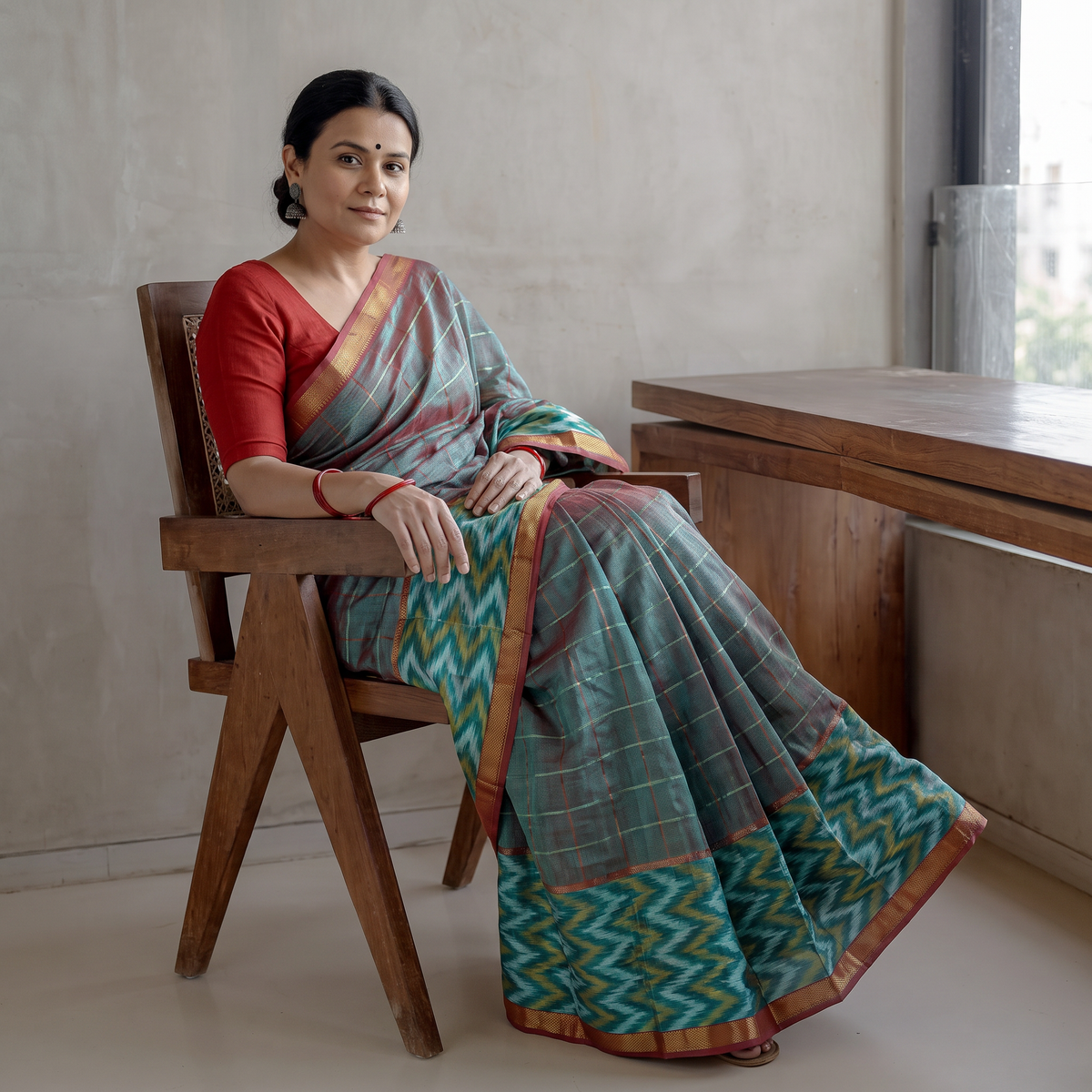 Green Mangalagiri Handloom Silk-Cotton Zari Checks Saree, draped and worn by a woman, AI visual of the saree, iTokri