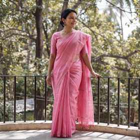 Pink Mangalagiri Handwoven Pure Silk Pattu Saree, draped and worn by a woman, AI visual of the saree, iTokri