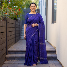 Blue Mangalagiri Handwoven Pure Silk Pattu Saree, draped and worn by a woman, AI visual of the saree, iTokri