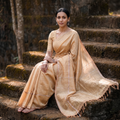 Beige Mangalagiri Handwoven Pure Silk Pattu Saree, draped and worn by a woman, AI visual of the saree, iTokri
