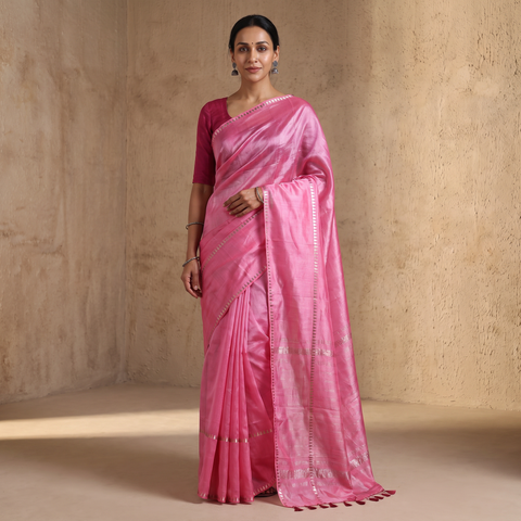Pink Mangalagiri Handwoven Pure Silk Pattu Saree, draped and worn by a woman, AI visual of the saree, iTokri