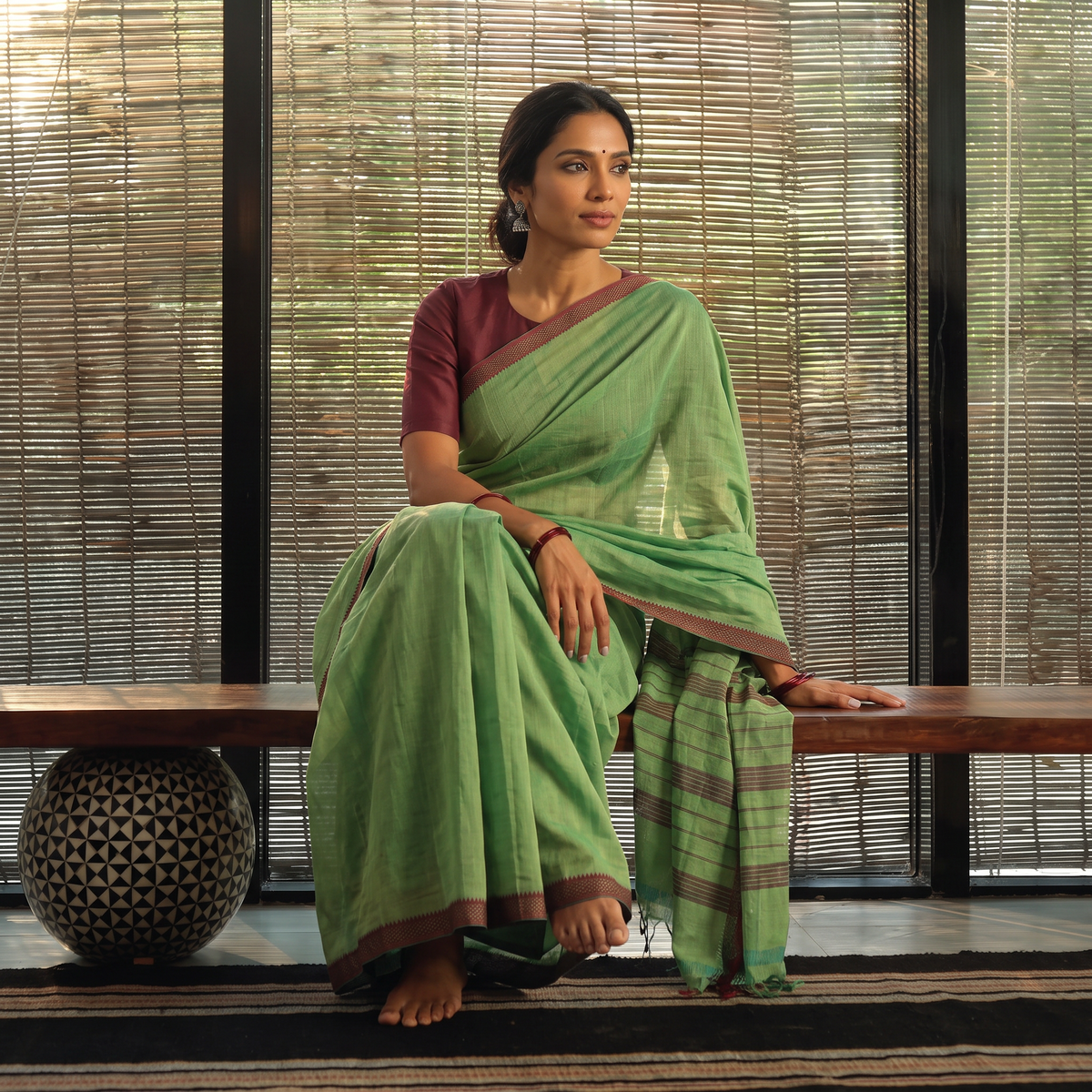 Green Mangalagiri Krishna Handloom Cotton Saree, draped and worn by a woman, AI visual of the saree, iTokri