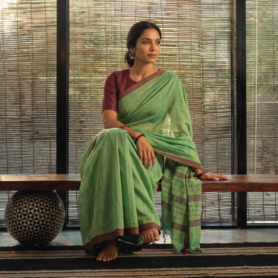 Green Mangalagiri Krishna Handloom Cotton Saree, draped and worn by a woman, AI visual of the saree, iTokri