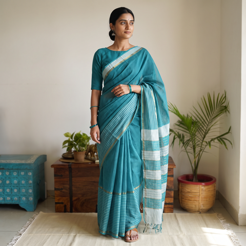 Blue Mangalagiri Missing Checks Cotton Handloom Saree with Pochampally Ikat Blouse Piece, draped and worn by a woman, AI visual of the saree, iTokri
