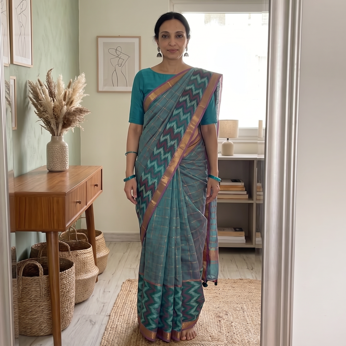 Green Mangalagiri Silk Cotton Zari Checks Handloom Saree, draped and worn by a woman, AI visual of the saree, iTokri