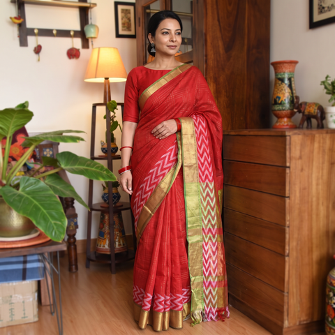 Red Mangalagiri Silk Cotton Zari Checks Handloom Saree, draped and worn by a woman, AI visual of the saree, iTokri