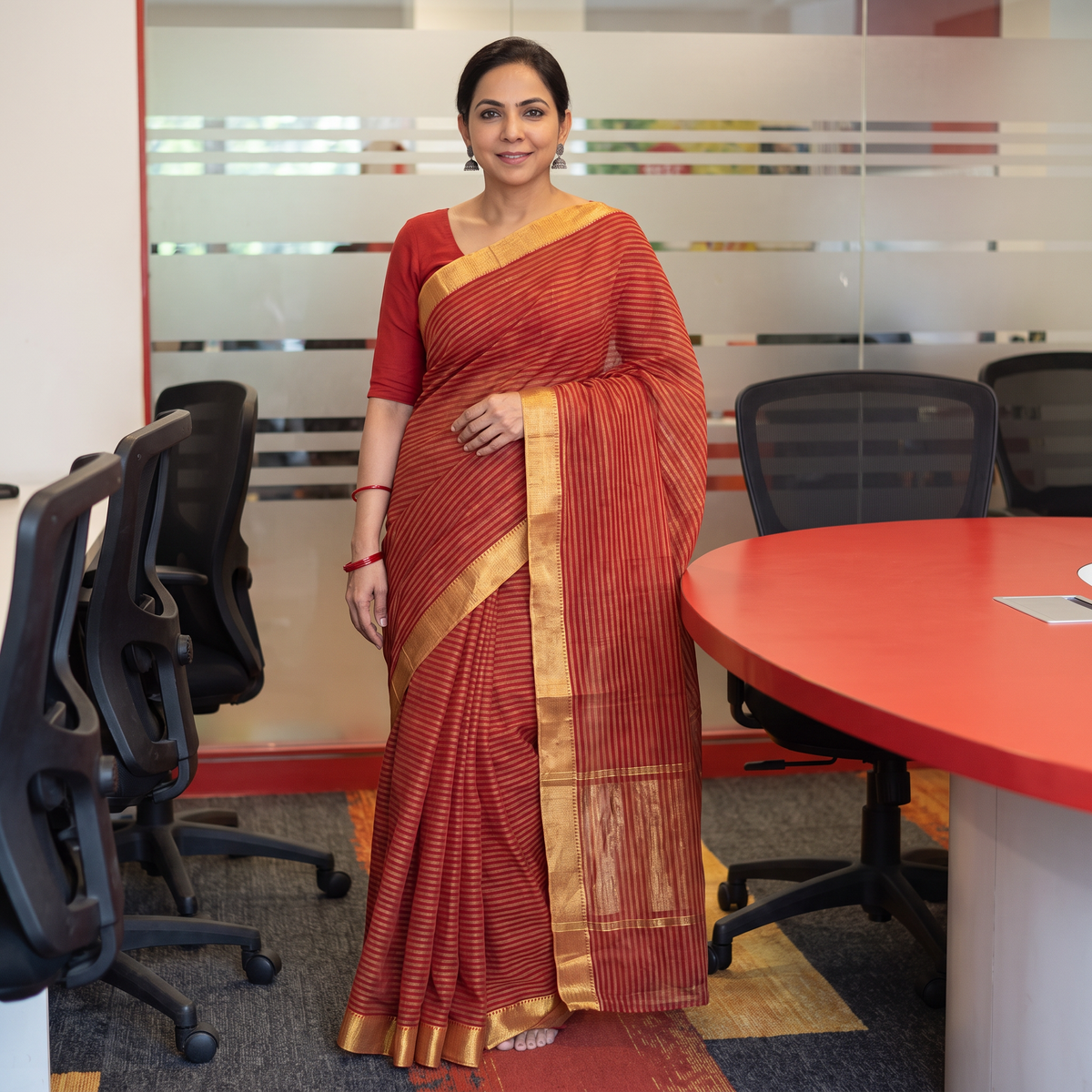 Maroon Mangalagiri Stripe Cotton Handloom Saree with Ikat Blouse, draped and worn by a woman, AI visual of the saree, iTokri