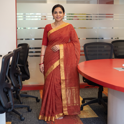 Maroon Mangalagiri Stripe Cotton Handloom Saree with Ikat Blouse, draped and worn by a woman, AI visual of the saree, iTokri