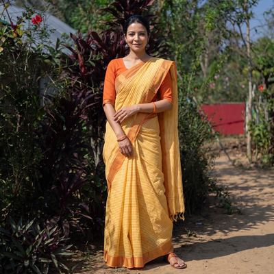 Yellow Mangalagiri Stripe Cotton Handloom Saree with Ikat Blouse, draped and worn by a woman, AI visual of the saree, iTokri